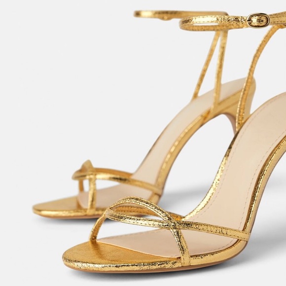 Zara HEELED SANDALS W/ THIN STRAPS Gold Size 6.5 - Picture 5 of 6